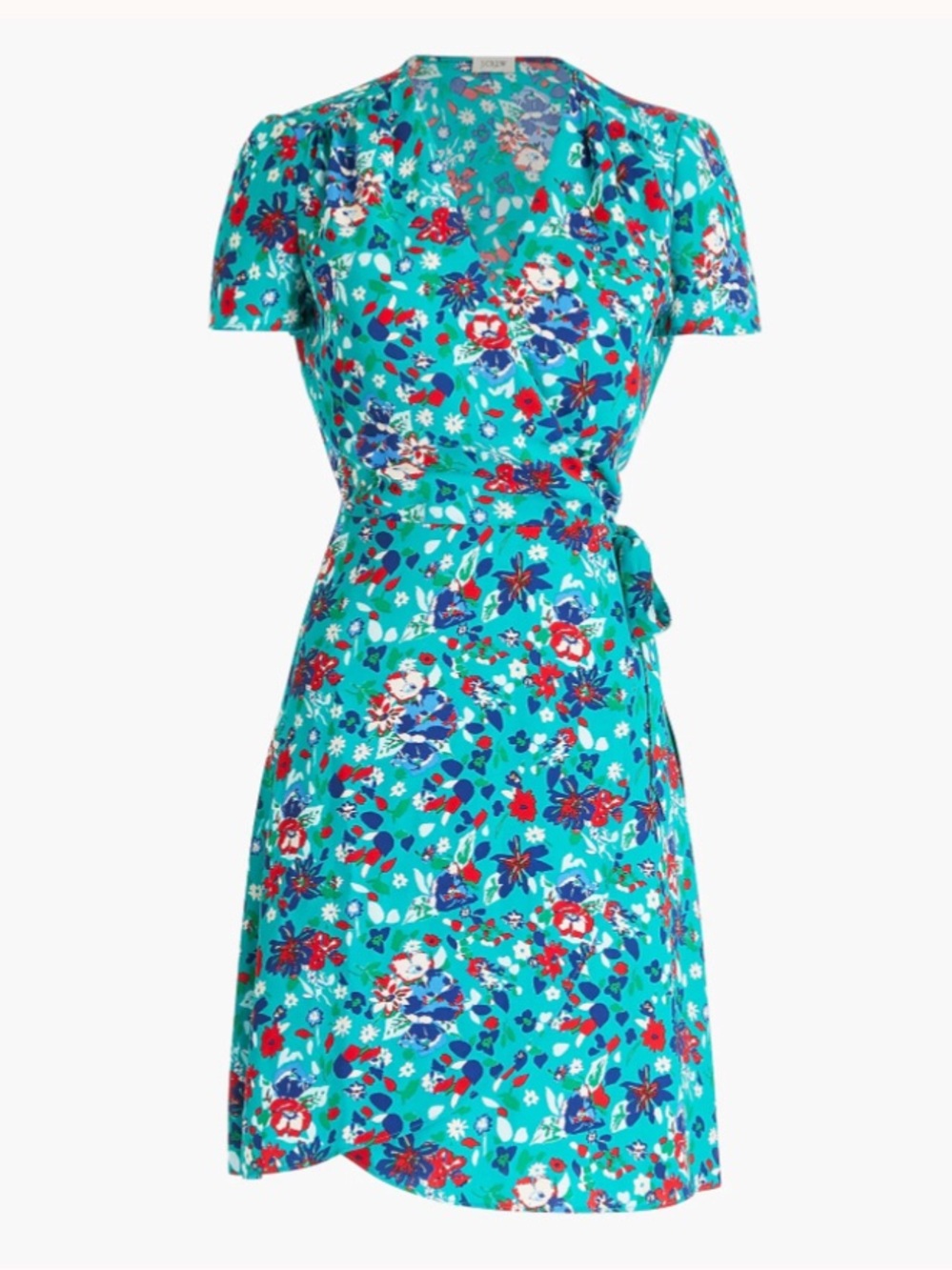 J.Crew Floral Wrap Dress Teal Green Short Sleeve Tie Waist Size 0